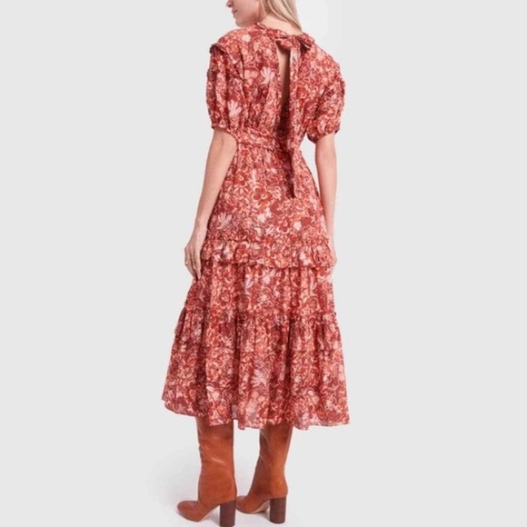 Ulla Johnson Amora Coral Floral Print Midi Dress Size 4 Ruffle Puff Sleeve - Picture 6 of 14